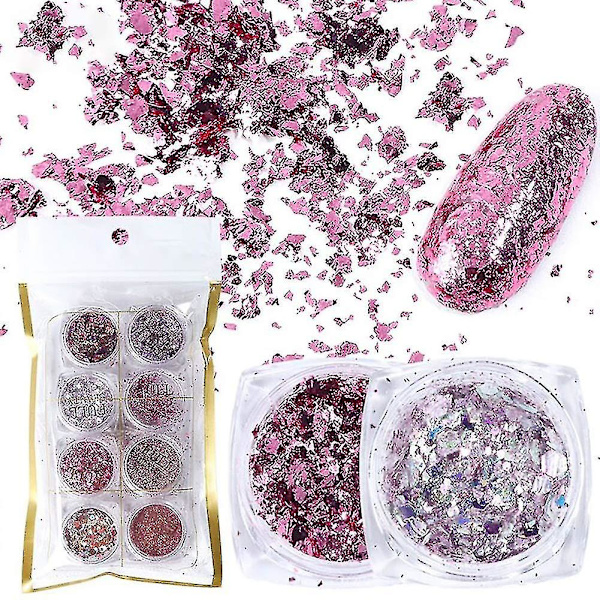 Nagelkonst Paljetter Glitter, 8 Lådor/set Ros Guld Rosa Nagel Flakes Färgglada Blandade Nagel Glitter