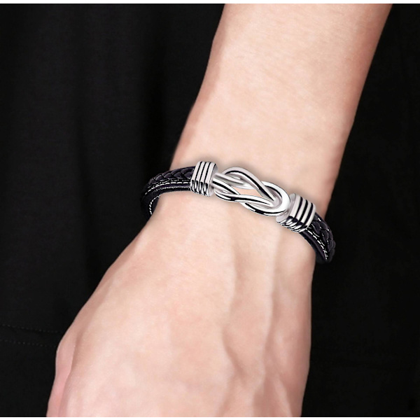 Svart läderarmband för män med oändlighetsknut - Magnetlås i rostfritt stål - Present till pappa, pojkvän, make (G)