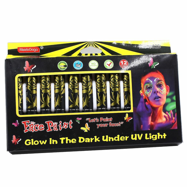 12 st ansiktsfärg kritor Halloween smink markör Uv Neon-glow i mörk färg