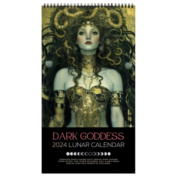 Dark Goddess 2024 -kalenteri musta seinäkalenteri, kuun vaiheet kreikkalaisen mytologian lahjat, 50 % tarjous