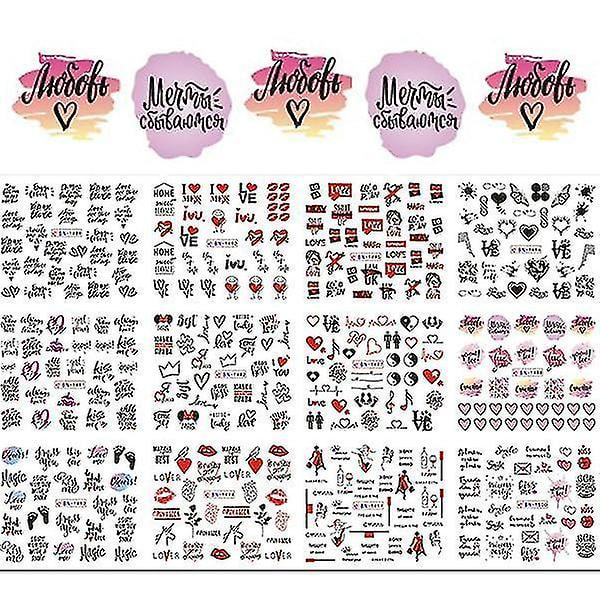 BN1489 1500 12 st Nail Art Slider överföringsvatten dekaler svart geometriska bokstäver nagel