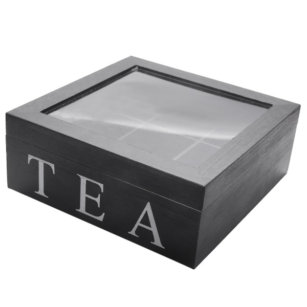 Træ 9 Gitter Te Boks Teposer Beholder Opbevaringsboks Firkantet Gaveæske Etui Transparent Top Låg