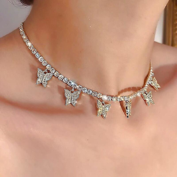 Sommerfugl Choker Halskæde Krystal Vedhæng Funklende Kæde Smykker Til Kvinder (guld)
