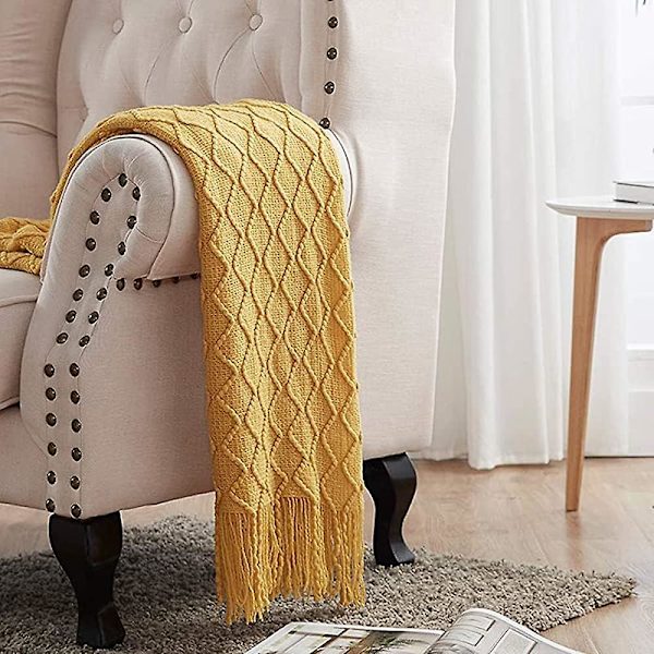 127x180cm Gult, 1 stk Strikket Sofateppe Liten Sofa Teppe, Mykt Fleece Teppe Strikket Teppe Pompom Aircondition Bil Teppe For Sofa,