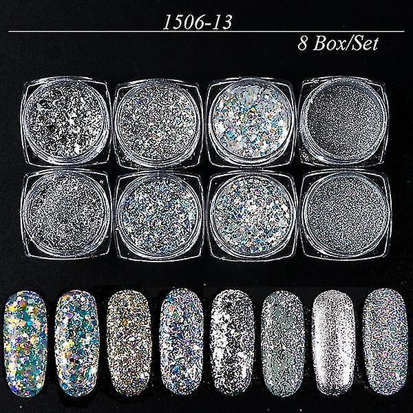 1506 13 Mix Glitter Nail Art Powder Flakes Set Holografiska Paljetter För Manikyr