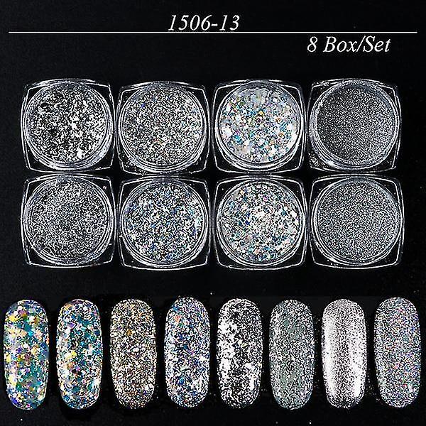 1506 13 Mix Glitter Nail Art Powder Flakes Set Holografiske paljetter for manikyr