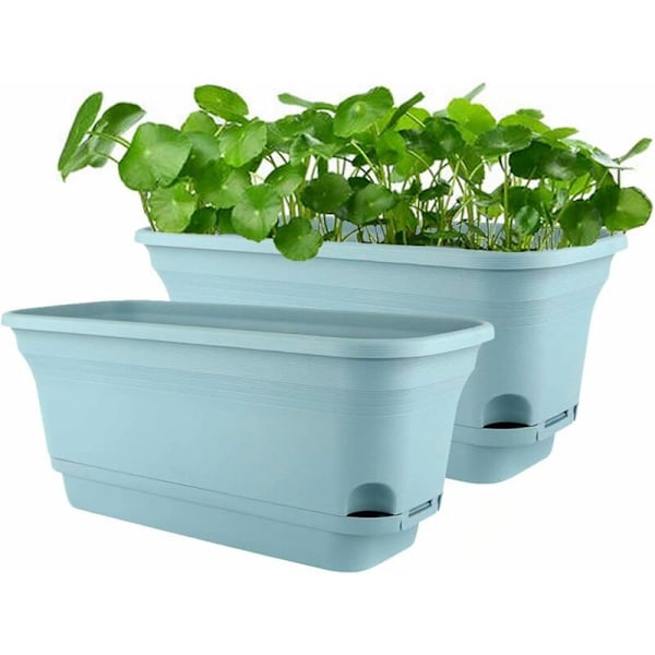 40cm Självbevattnande Kruka Rektangulär Plastkruka Krukor Moderna Dekorativa Krukor för Alla Växter, Blommor, Örter - Blå, Set med 2