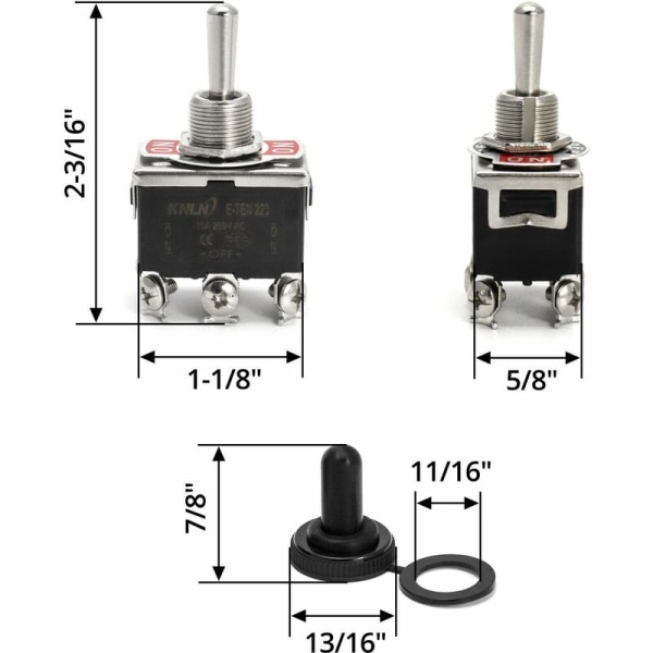 Växelströmbrytare, AC380V 15A / AC250V 10A, 3-läges 6-polig ON/OFF/ON-brytare med svart vattentät kapsyl, 3 st