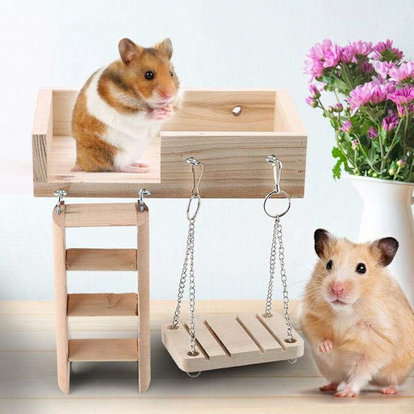 3 st Hamsterplattform Stege Set, Träleksaker för Smådjur