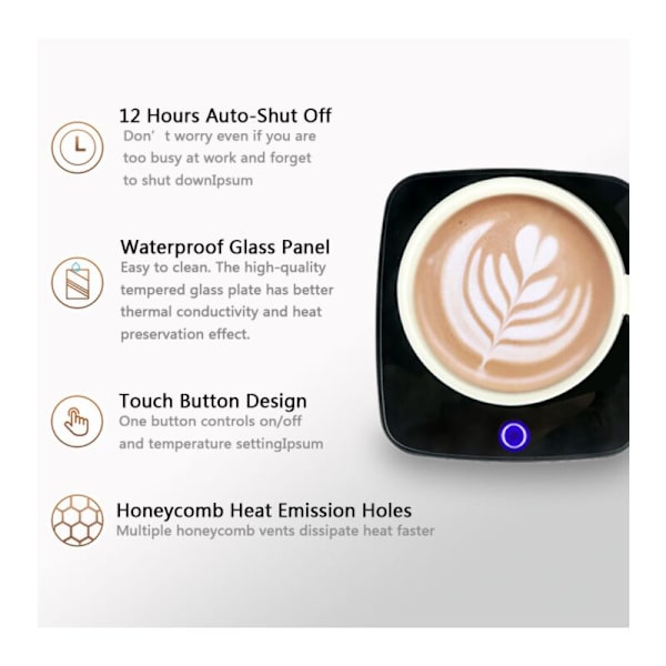 Koppvärmare, Elektrisk kaffekoppsvärmare med 3 temperaturinställningar (104℉, 122℉ till 131℉), Touch Sensor Kaffe Värmare för Te, Kaffe, Mjölk (Svart)
