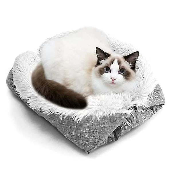 2 i 1 Säng för Katt, Kattbädd Matta Hundbädd, Husdjursbädd Mjuk Kattsoffa Tvättbar Kattfilt för Katter och Små Hundar Grå