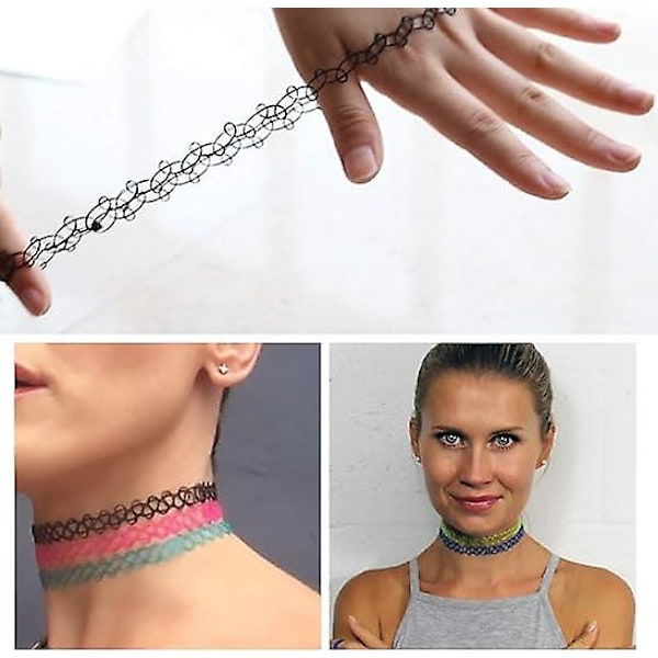 12-pakning choker-halskjede sett i plast, henna-tatovering, elastisk smykke, kvinner, tenåringsjenter, barn, flerfarget, gaver