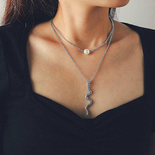Punk Snake Lagdelt Halskjede Sølv Perle Choker Halskjeder Gillter Rhinestone Anheng Hals Smykker Gaver til Kvinner og Jenter