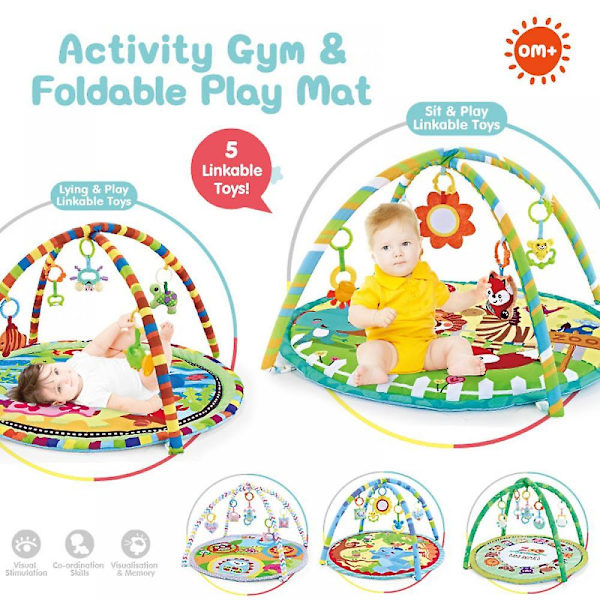 Baby Rund Lekmatta med Rassel och Klockor Mjuk Krypmatta med Gym Ram Baby Mjuk Rund Lekmatta Söt Björnmönster Lek Aktivitets Gym Småbarn