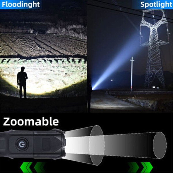 Oppladbar LED-lommelykt Super Bright Torch Zoomable lommelykt