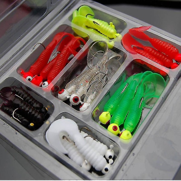 21 st/set Mini Mjuk Fiske Lure Bly Jigghuvudkrok Grub Mask Silikon Fiskbeten För Havskarp