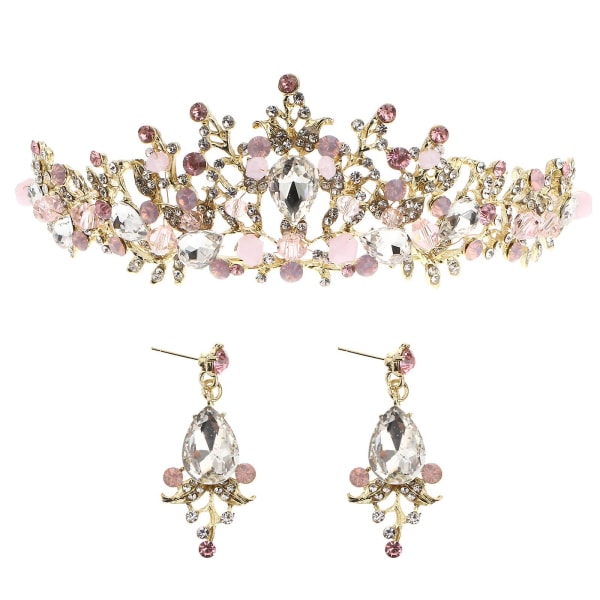 Bryllups tiara krone pandebånd rhinsten krystal dekoreret pandebånd kvinder piger (pink, random øreringe pink)