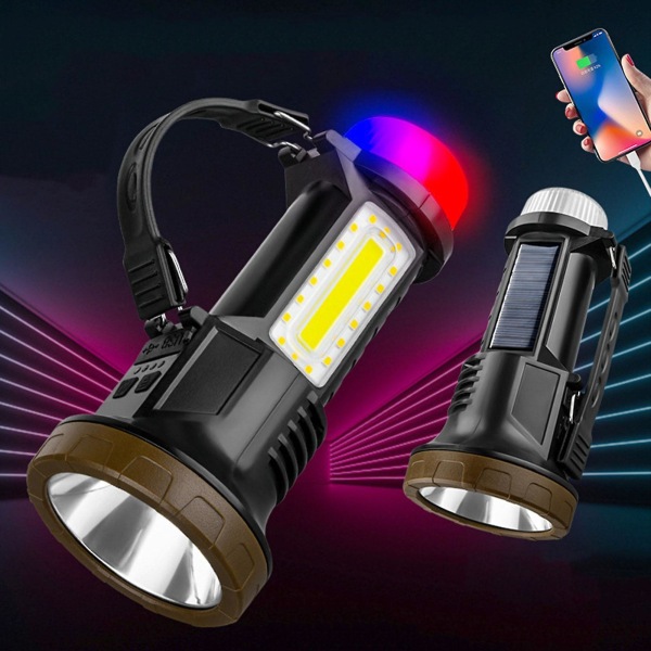 Solcellsladdad bärbar lampa hästlampa utomhus multifunktionell laddningsficklampa solcellsladdning långdistansfotografering（svart）