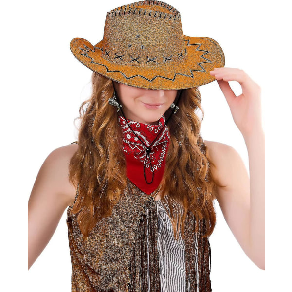 4 kpl Cowgirl- set, tupsut hapsut Eeveless Vest Cowboy Hat Saappaat Dangle Drop Korvakorut Paiey Cowboy Bandana (suuri)
