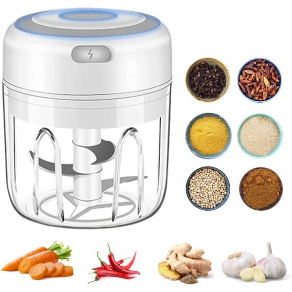 Mini Food Processor: Grøntsags-, Hvidløgs-, Kødhakker, Egnet til Babymad (250ML, Hvid)