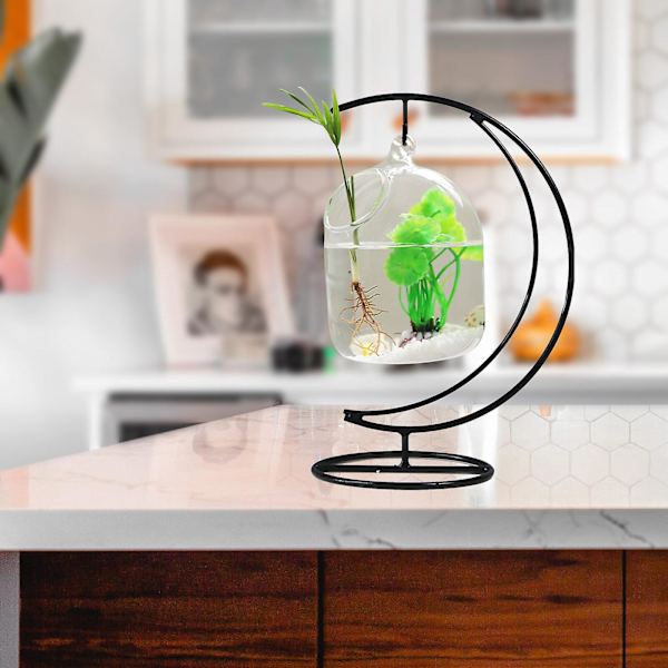 Liten fiskebolle akvarium med jernristdesign og gjennomsiktig glassmateriale for hjemmedekorasjon og Betta/gullfisk, 4 størrelser tilgjengelig（A4）