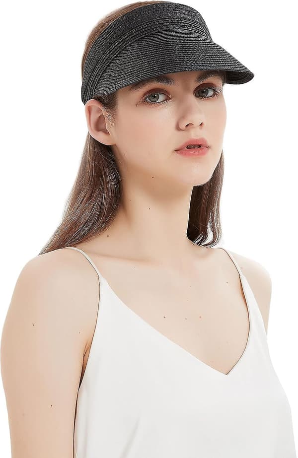 Kvindernes Roll Up Foldable Solhat Bred Skygge Halm Strand Cap Loop Lukning og Justerbar Golf Visor-Sort
