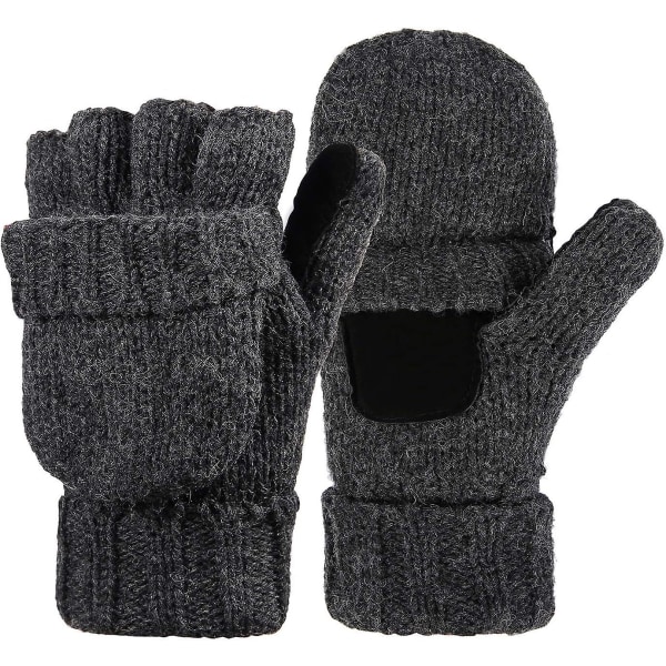 Vinterstrikkede fingerløse handsker Cabriolet uldvanter Varm handske til kvinder og mænd (mørkegrå)