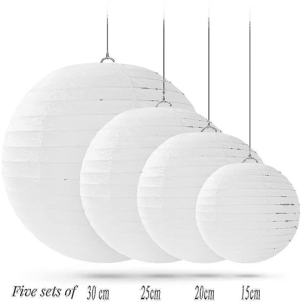 20 stk hvite runde papirlykter med ståltråd, forskjellige størrelser