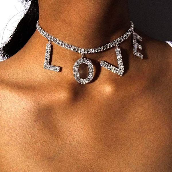 Enkel krystal choker halskæde sølv kærlighedsbrev vedhæng halskæder kæde glitrende rhinsten smykker til kvinder og piger