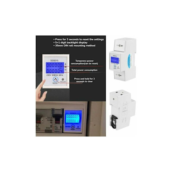 Enfasig 5-80A 230V 50Hz Energimätare Enfasig LCD-bakgrundsbelyst Energimätare, DIN-skena Montering KWh-mätare DDS015, Watt KWh-mätare(230V 5-80A 50Hz)