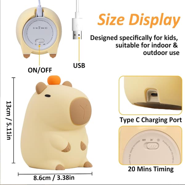 Capybara Nattlampe for Barn, Dimbar Oppladbar Silikonlampe med Timer