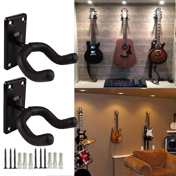 Gitarveggfeste [3-pakning], sklisikker metallgitarholder for akustisk, elektronisk, klassisk, bass- eller ukulele-gitar i stue/studio/utstillingslokale