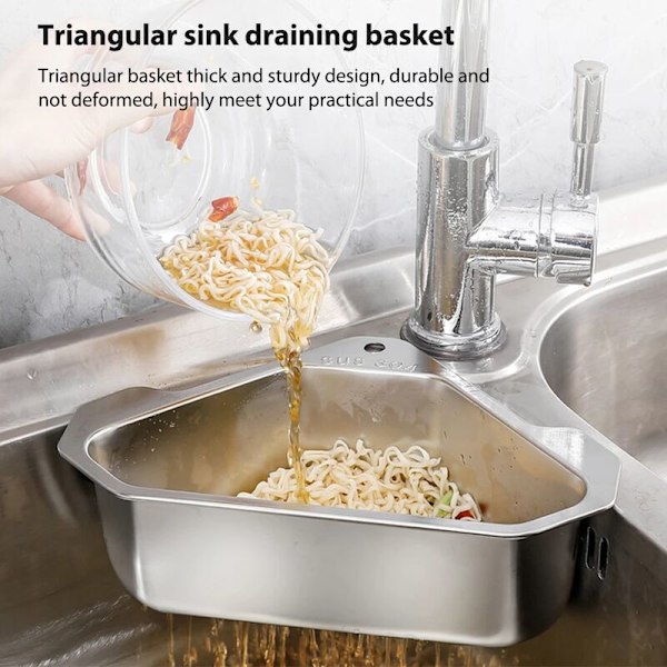 Rostfritt stål triangelformig avloppskorg för diskho, frukt- och grönsakssil, förvaringsställ, korg med sugkopp 1 st (silver)