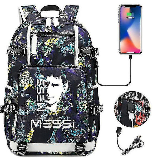 18 tommer Messi USB 3D-print drenge- og pigerygsæk ungdomsstudenter skoletaske mænds og kvinders fritidsrejserygsæk（T1）
