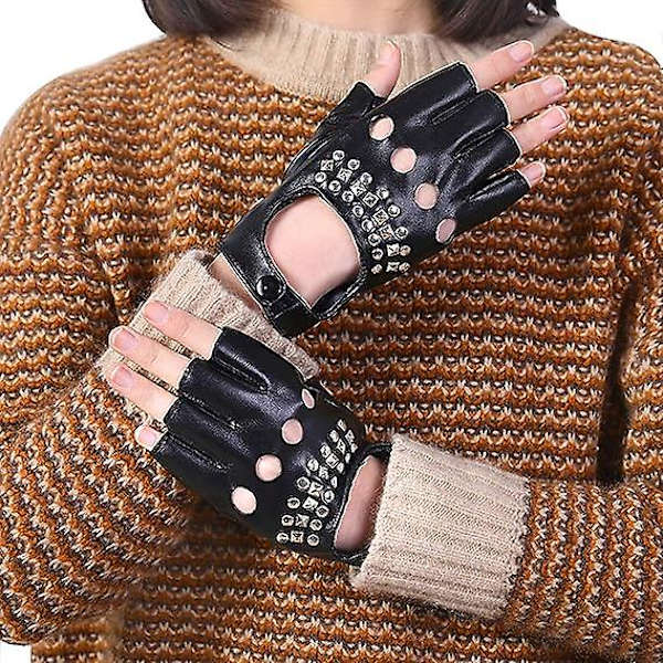 Kvinders PU Læder Punk Handsker Nittet Rem Eller Spænde Halv Finger Performance Handsker