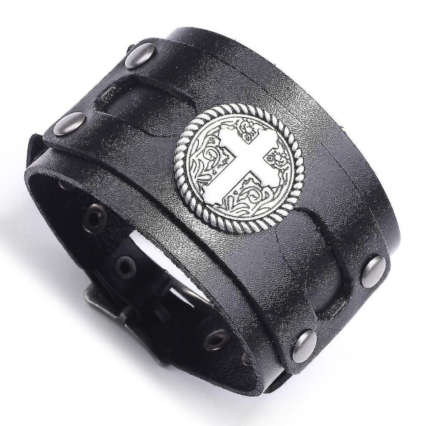 Wide Leather Brown Punk Bracelet With Cross Pattern