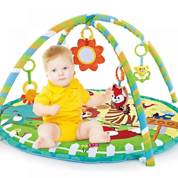 Baby Rund Lekmatta med Rassel och Klockor Mjuk Krypmatta med Gym Ram Baby Mjuk Rund Lekmatta Söt Björnmönster Lek Aktivitets Gym Småbarn