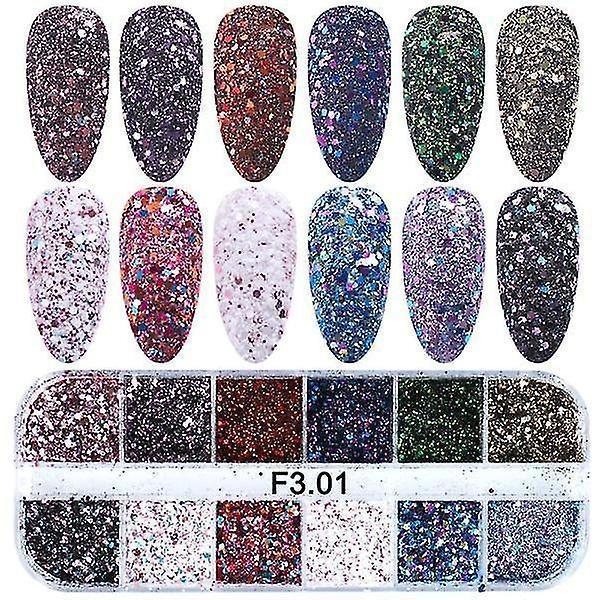 1585 F3.01 Mix Glitter Nail Art Powder Flakes Set Holografiska paljetter för manikyr