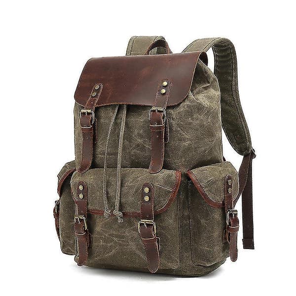 Retro läder dator resevaxad canvas ryggsäck（Khaki）