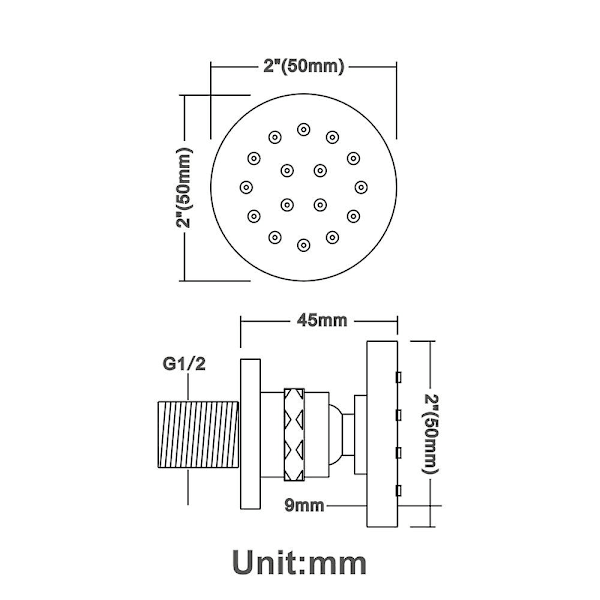 Forkromede Side Jets Justerbar Messing Krops Jet Rund Dyse Spray Vægmonteret Brusebad Massage Jets til Badeværelsestilbehør, 50x50mm, 1 stk.