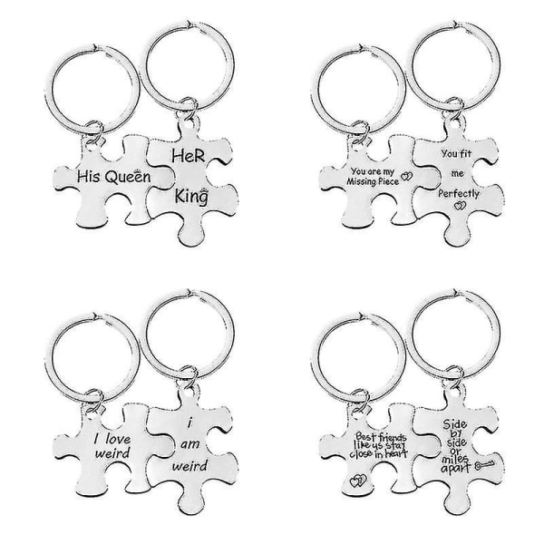 4 Pairs Personalized Stainless Steel Puzzle Couple Keyring Matching Keychain