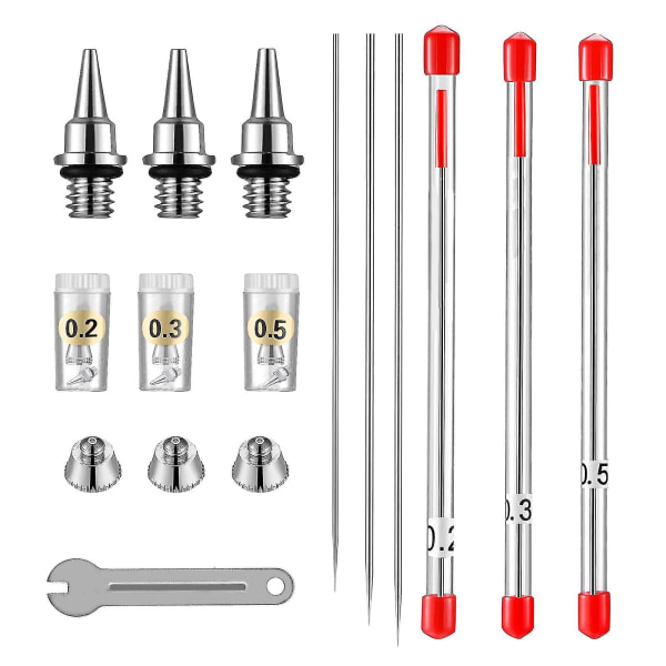 Airbrush-dyse-nålsett, 0,2 mm/0,3 mm/0,5 mm Airbrush-nåler Airbrush-dyser Erstatningsdeler for Airbrush-sprøytepistol, tilbehør Maling