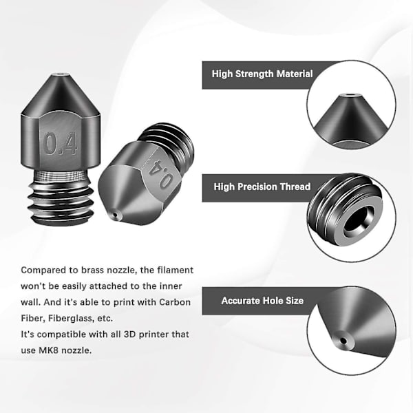 5 st härdat stålmunstycken 0,4 mm härdat stål Mk8-munstycke hög temperatur spetsiga slitstarka munstycken 1,75 mm