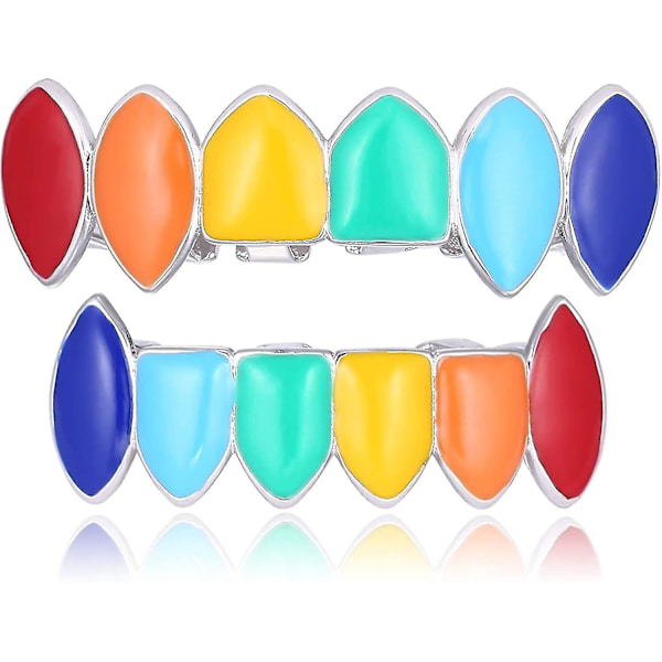 Rainbow Grills 14k Guldpläterad Hiphop Färgglada Regnbåge Vampyr Tänder Grills+extra 2 Gjutningsstänger