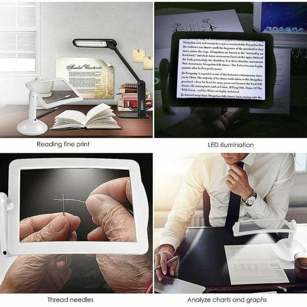 3 gånger rektangulär förstoringsglas med LED-ljus - A4 helsida, handsfree, för böcker, äldre