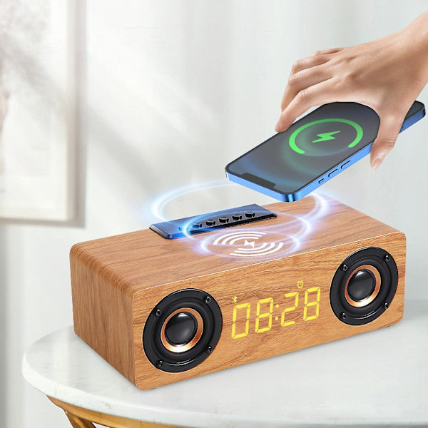 Trådlös Bluetooth-högtalare i trä med multifunktionell klocka, väckarklocka, U-disk, plugin-kort, litet ljud, kraftfull subwoofer, FM (brun)