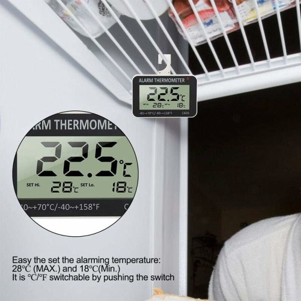 Kyltermometer mäter från -40°C till +70°C Elektronisk kyltermometer Frys Digitalt larm Med krok för kök Restauranger