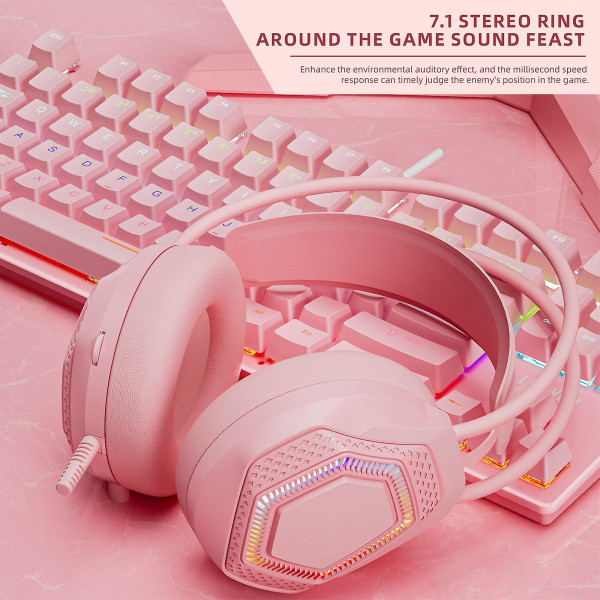 Gaming Headset med mikrofon för PS5 PC Laptop Over-Ear-hörlurar med LED RGB-ljus（Rosa）