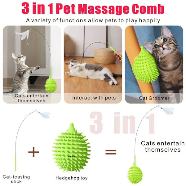 2-pack kattmassagekil med 38-tums fjäderleksak för interaktiva katter Igelkottformad hörnborst (grön)