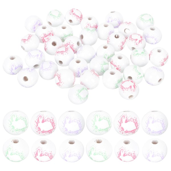 60 stk påske træperler kanin silhuet mønster runde perler Smykkefremstilling perler (2X2cm, assorterede farver)